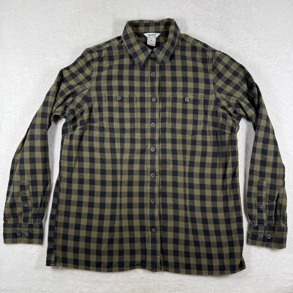 Duluth Trading Co Womens Olive Green Black Plaid Flannel Shirt 3237-117 Medium
